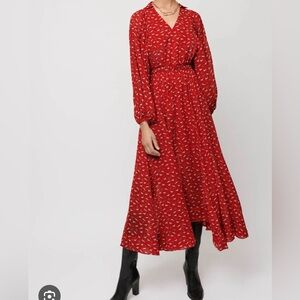 Maje Red Horse Print Chiffon Long Sleeve Midi Dress | Size M